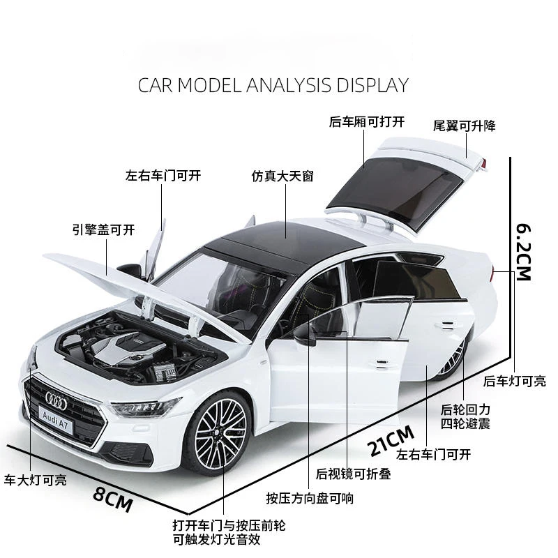 1:24 Audi A7 Alloy Toy Car Model Wheel Steering Sound and Light Children's Toy Collectibles Birthday Gift 5
