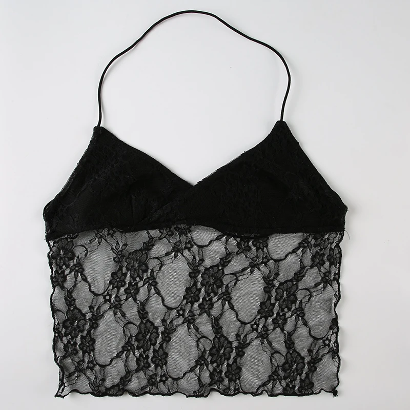 Camisola sexy con cordones y espalda descubierta para mujer, con retazos de encaje y cuello en V, top corto estilo halter Y2K, estilo urbano festivo