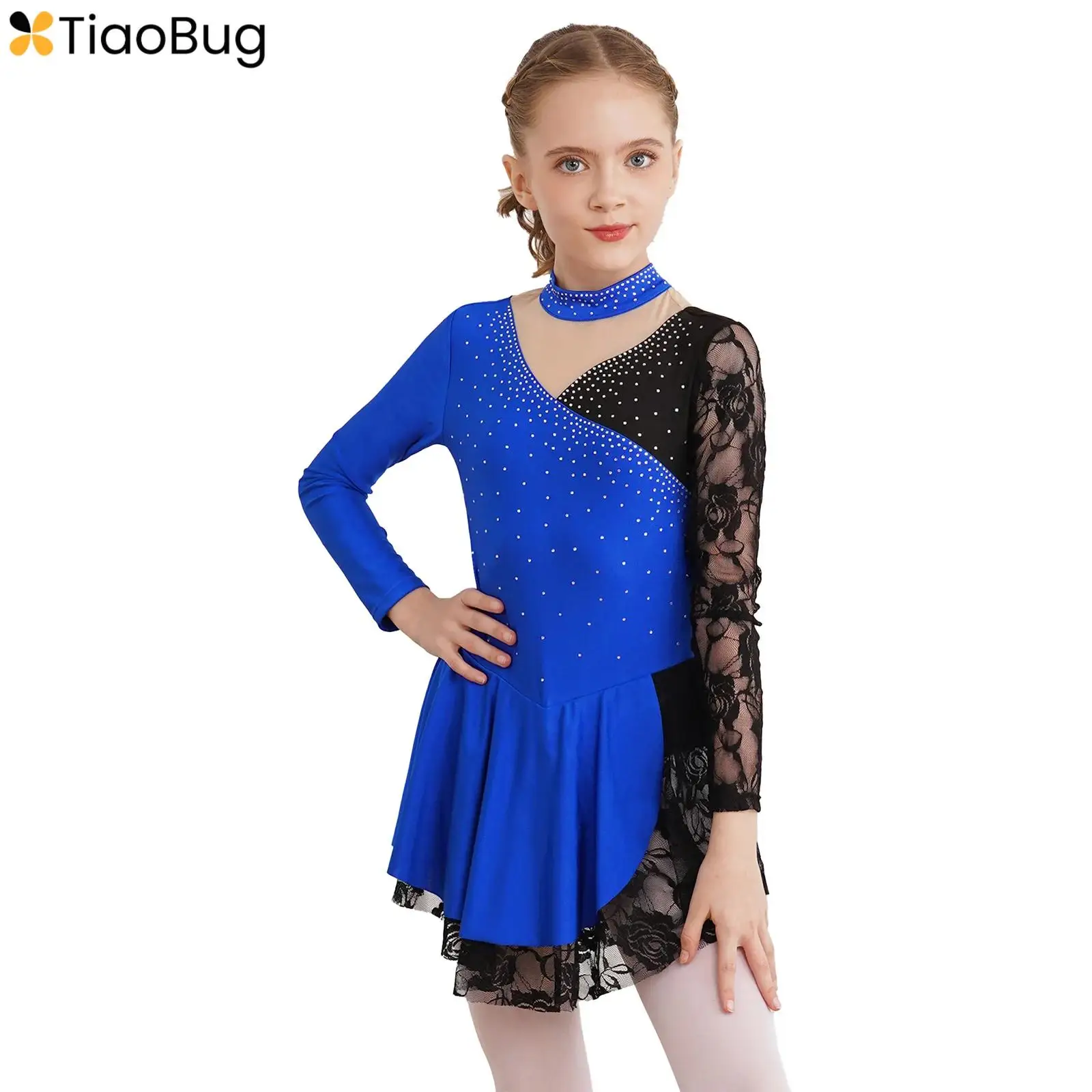 

Kids Girls Figure Skating Dress Ballet Tutu Dance Gymnastics Leotard Lace Long Sleeve Sparkly Rhinestones Competition Dancewear