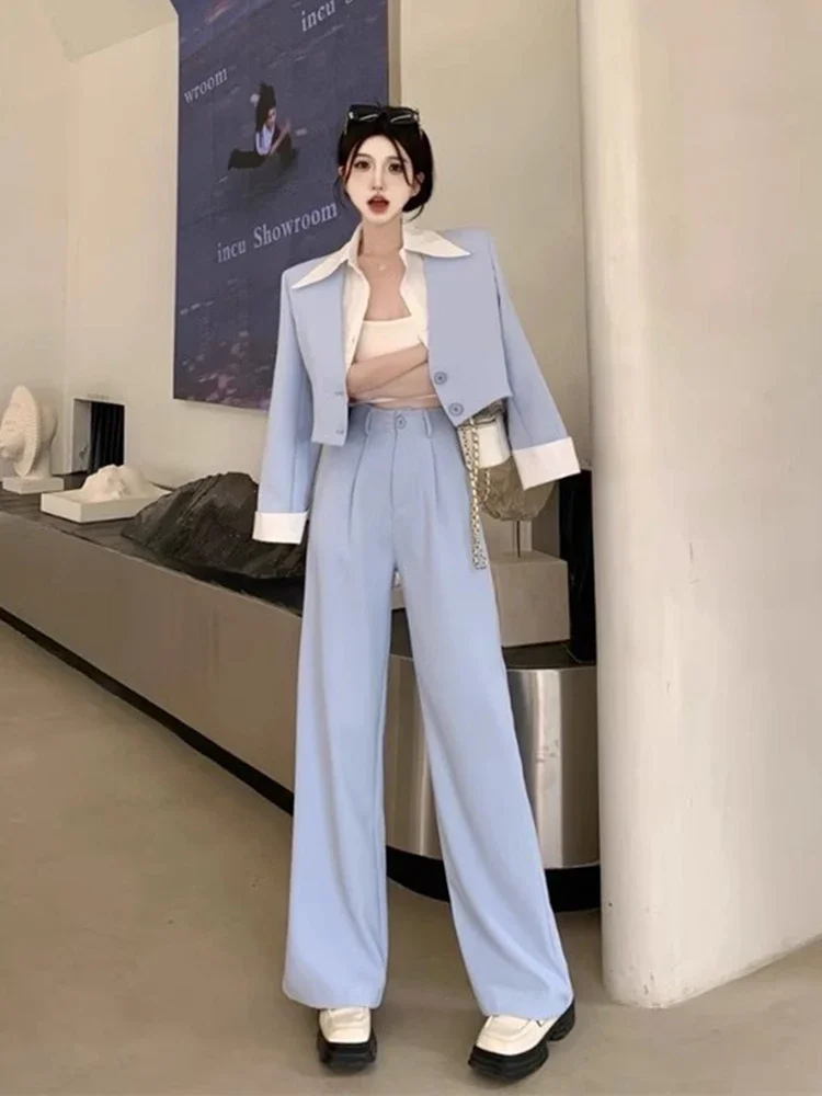 

Новый костюм из двух предметов с жакетом, брюки с высокой талией и широкими штанинами, женская одежда для офиса