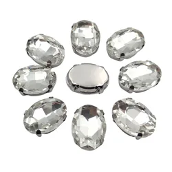 Oval Glass Rhinestones with Claw Setting on Silver Metal Base - 8x10mm 20pcs (Clear Crystal)