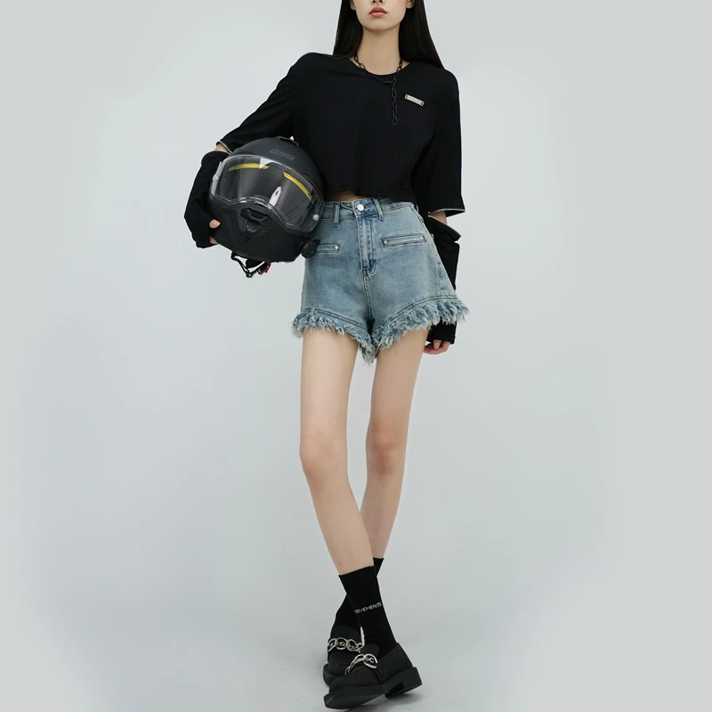 High Waist Elastic Denim Shorts Spicy Girls Slim A-line Ragged Fringe Denim Ultra Short Hot Pants Women Fashion Summer New Style