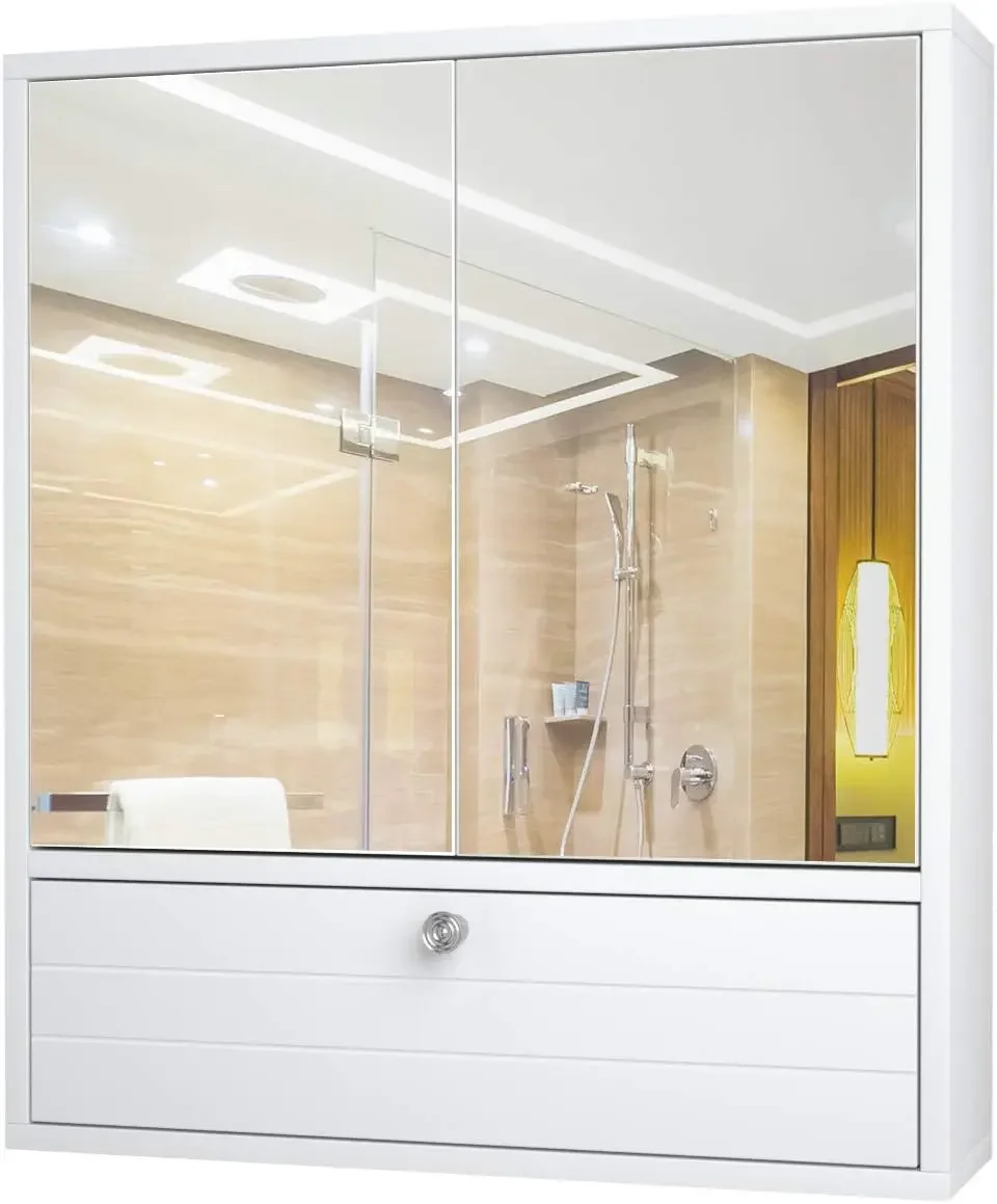 Bathroom Mirror Cabinet, Wall Mounted Medicine Cabinet with Mirror Doors & Adjustable Shelf, Mirrored Bathroom Storage Cabinet