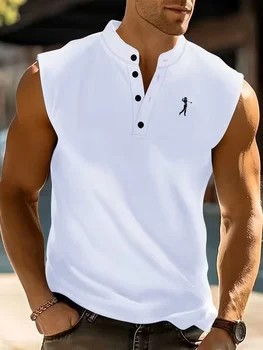 Polo Estiva da Uomo Casual Senza Maniche con Ricamo Golf e Colletto Rialzato, Canotta con Bottoni per lo Sport