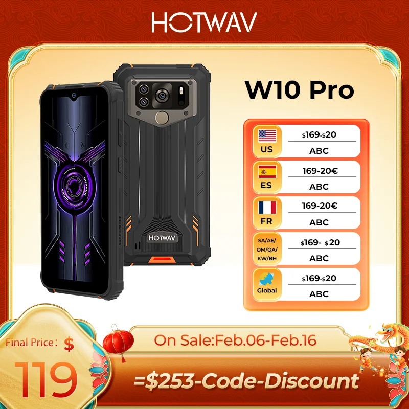 

HOTWAV-W10 Pro Cell Phone, 15000mAh Large Battery, Android 12, Helio P22, 6.53 ", NFC, 6GB, 64GB, 20MP Camera, Rugged Smartphone