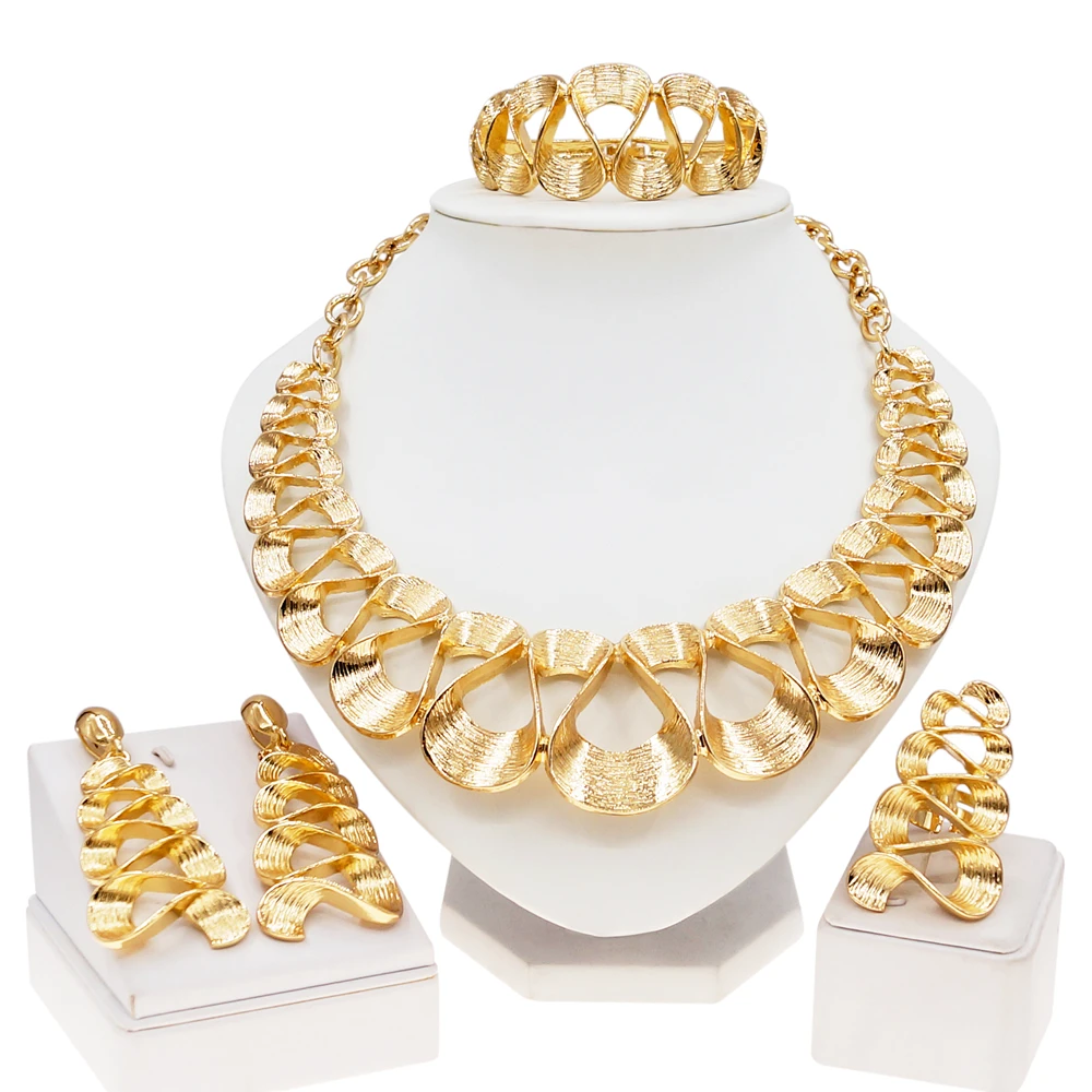 סט תכשיטים לנשים מצופה זהב עיצוב גלי עדין תליון שרשרת עגילים תכשיטים לנשים לחתונה ולחגים מתנות