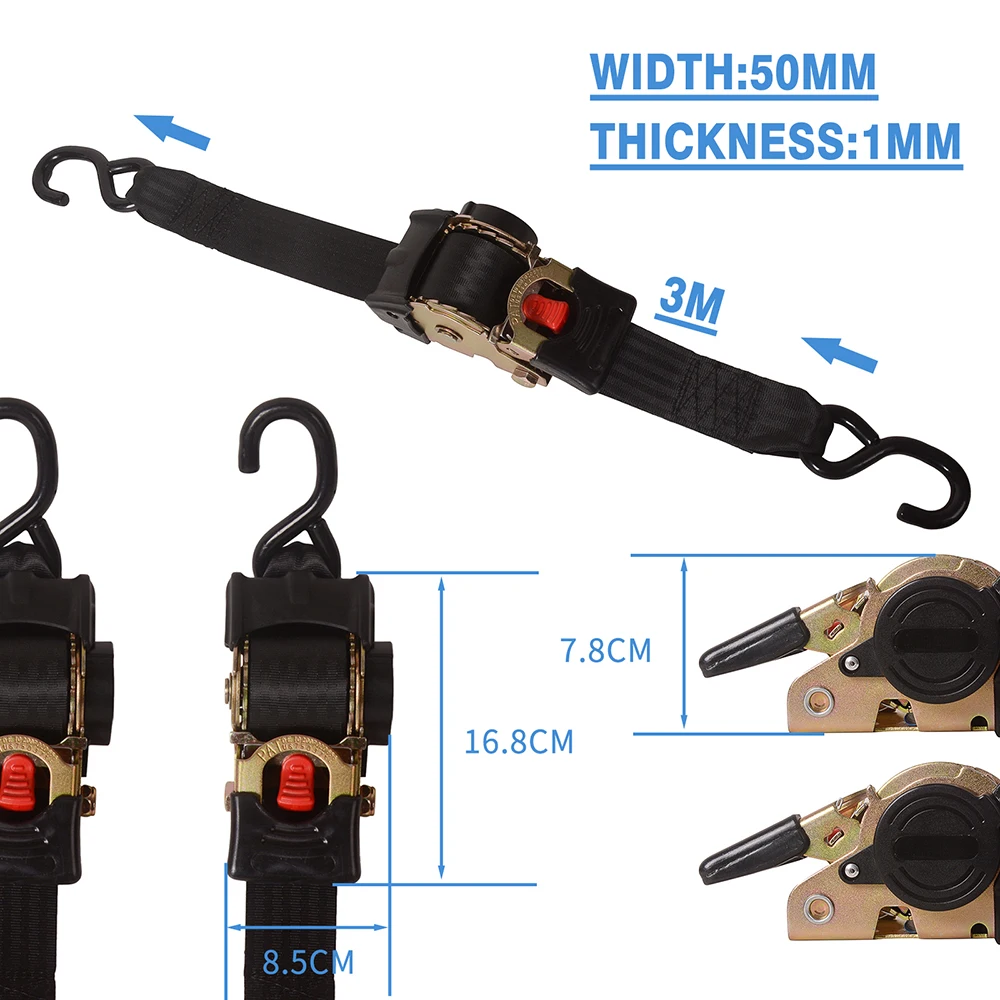Universal Tools Tie Down Belts widen With Automatic Rollup Auto Retractable Easy To Carry Ratchet Tie Down Strap Two S-hooks tie down belts