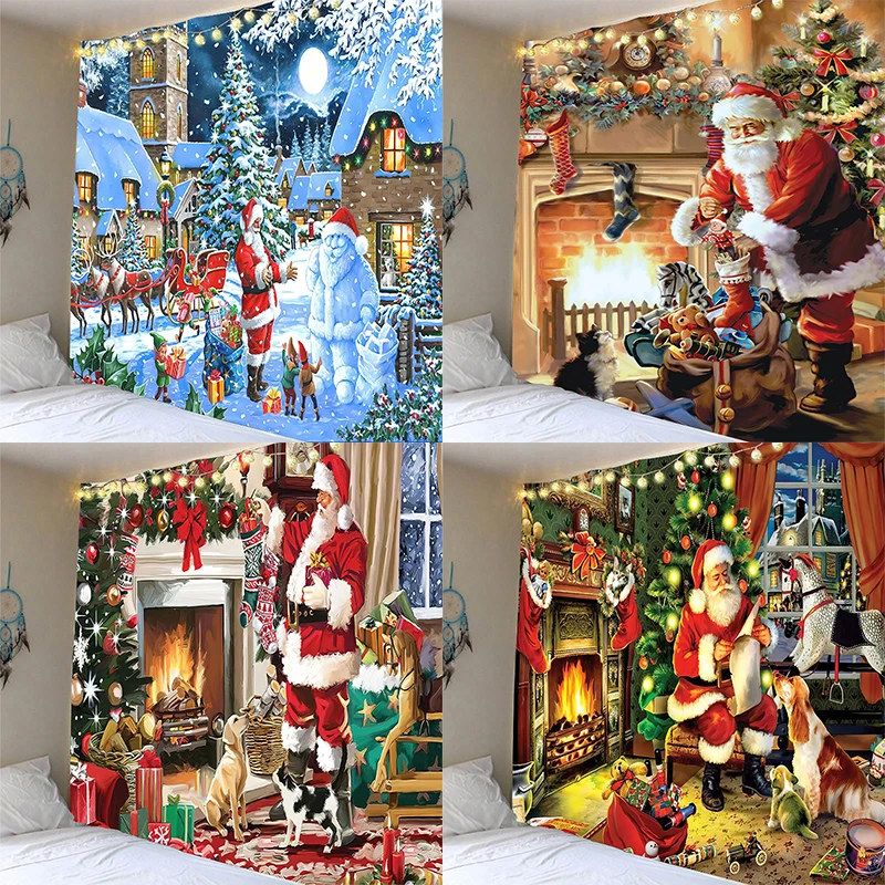 Home Decoration Christmas Tapestry Santa Claus Gift Fireplace Tapestry Wall Decor Background Cloth Living Room Room Decoration tapestry decorations