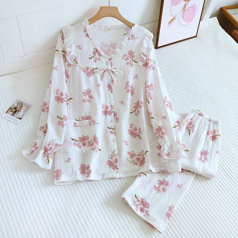 2023 Spring/Summer New Women's Pajamas Long Sleeve Long Pants Two Piece Cotton Crepe Casual Simple Home Furnishing Set Ladies