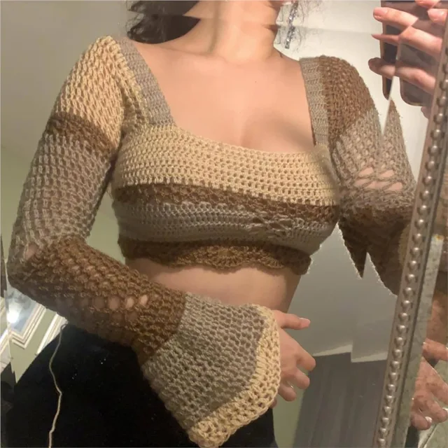 Sweater Color Stripe Colorblock Hand Long Sleeve Top Women Crop Tops Crochet Square Neck Long Sleeves Knitted Tops Streetwear