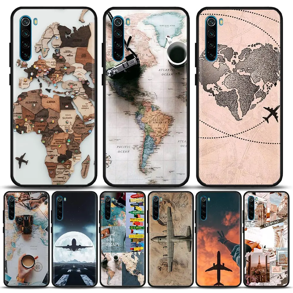W-World M-Map Travel Airplan Plane Case Per Redmi 10 10A 10C 9 9T 9A 9C 9I 8 8A 7 7A 6 6A Power Prime 2022 5G Black Cover Funda