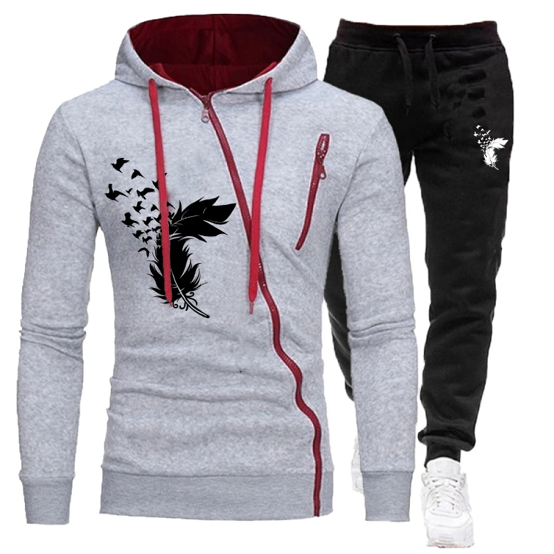 2023 New Fashion Printed Men's Sportswear Set Oblique Zipper Hoodie Set Two Piece Jogging Set Men's Sportswear