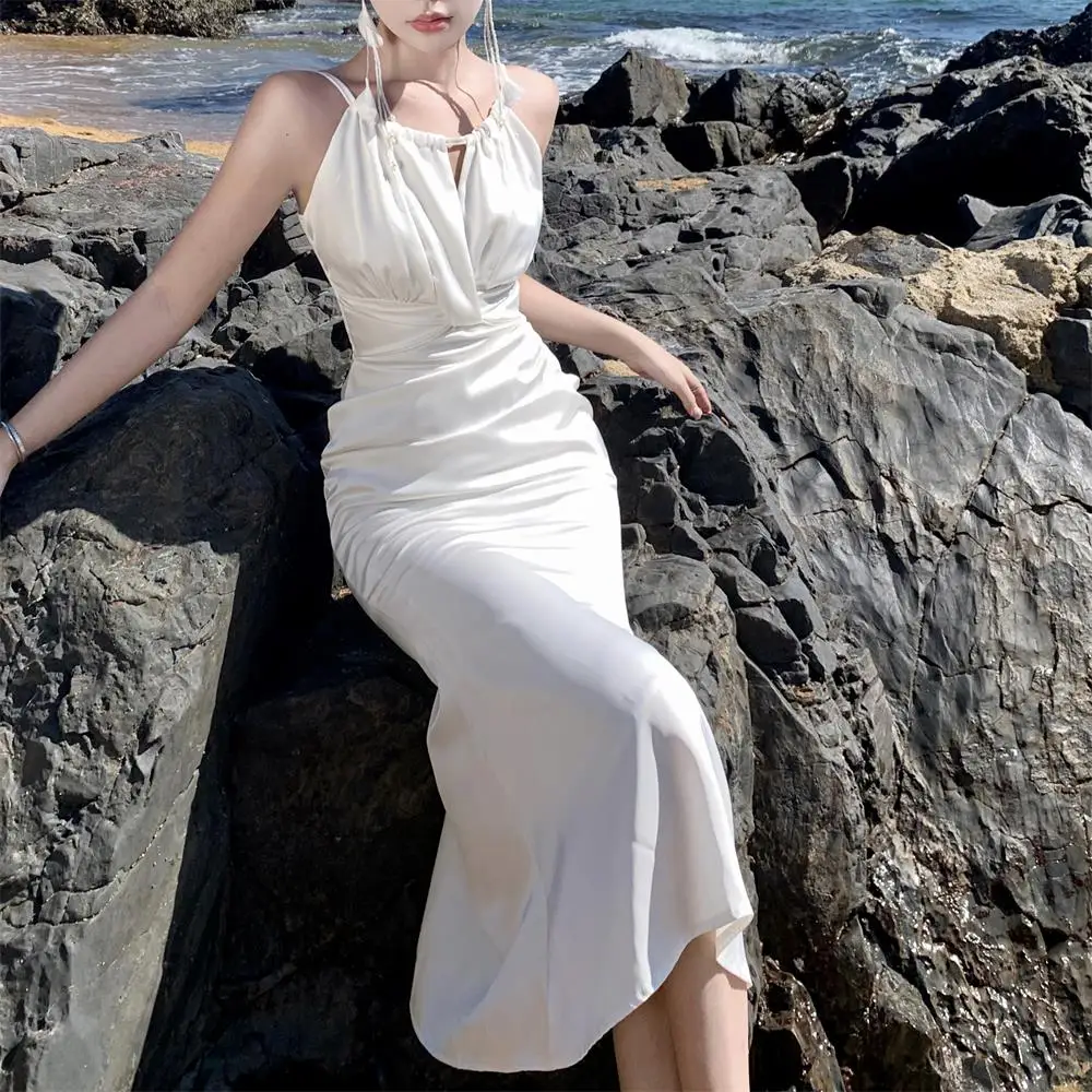 Elegant Bodycon Satin Dresses for Women Halter Sleeveless Slim Mermaid Evening Party Dress Prom Robe Summer New Vestidos Mujer