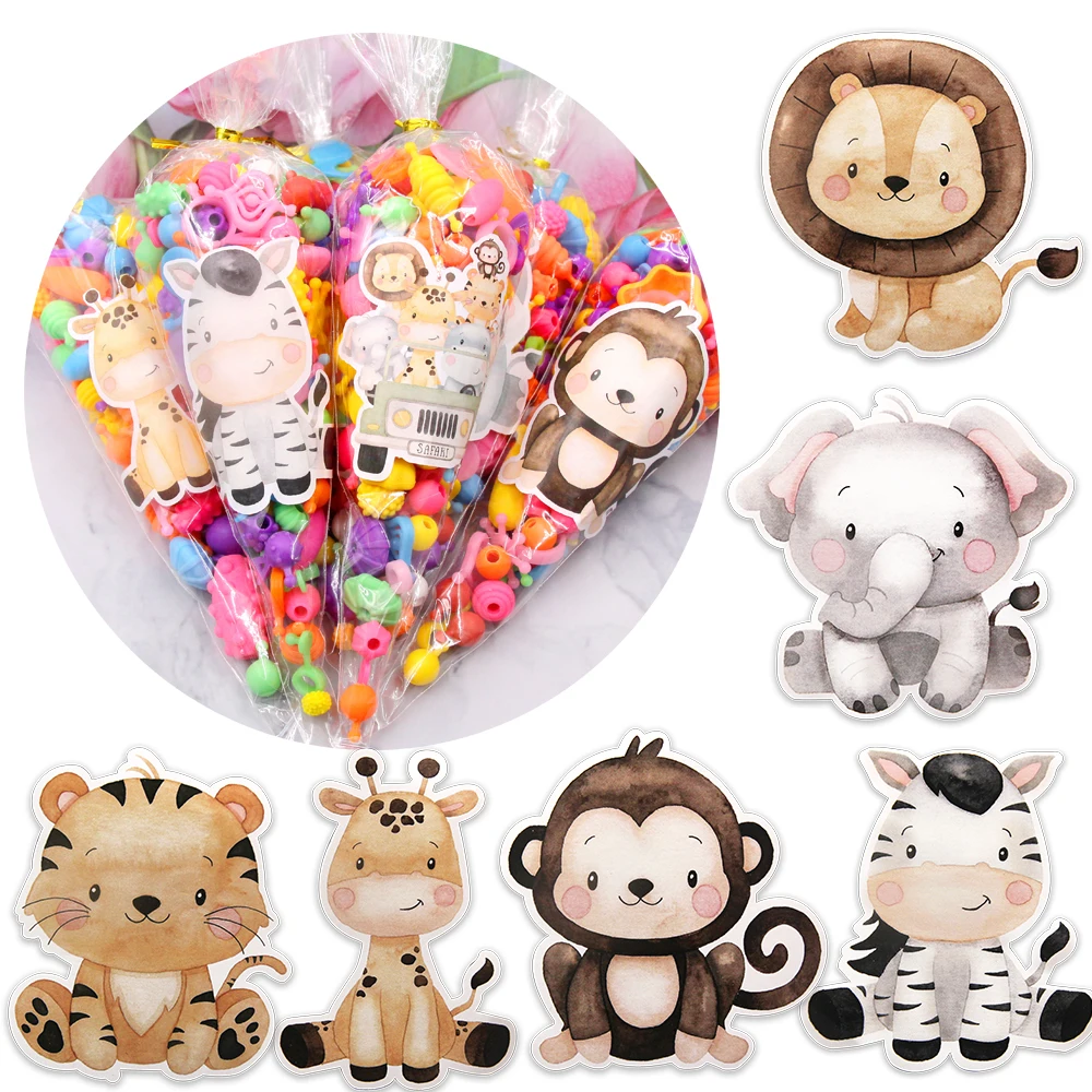 24Pcs Cartion Animal Stickers Sweetcone Candy Box Sticker Per Bambini Jungle Safari Happy Birthday Party Decor Fornitura Di Imballaggi Fai Da Te