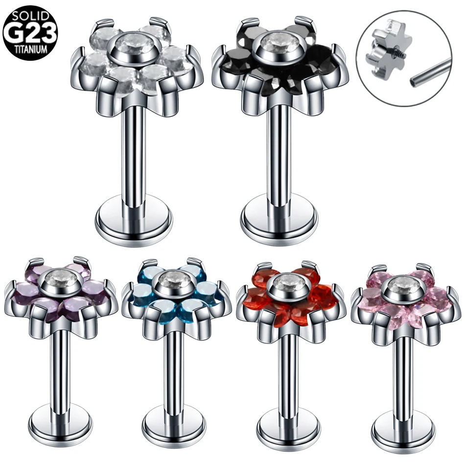 10Pcs /Lot Titanium Ear Piercing Stud Earrings Internally Threaded Labret Lip Ring Flower Ear Piercer Tragus Pirsings Jewelry
