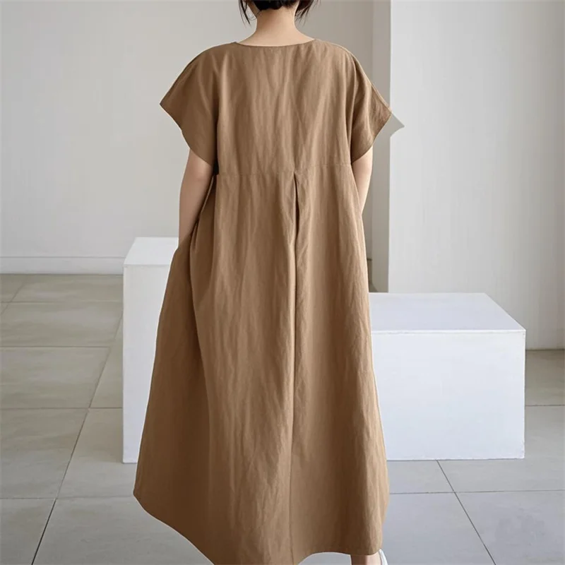 Hochgeschnittene Modische Übergröße-Kleider für Damen Baumwolle Leinen Locker Lässig O-Ausschnitt Pullover-Kleid Einfarbiges Plissiertes Kleid – Detail 7