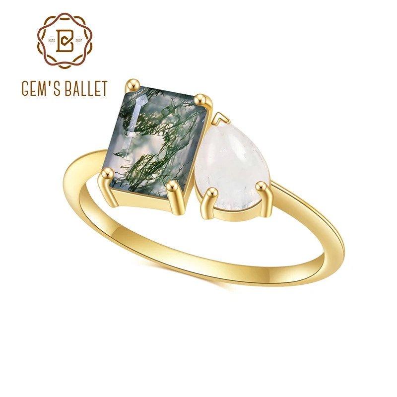 Gem'S Ballet Milky Blue Moonstone Moss Agate Anelli Di Fidanzamento In Argento Sterling 925 Toi Et Moi Ring Handmade Fine Jewelry