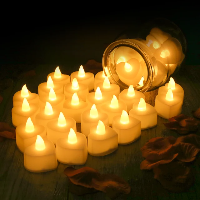 Bougies chauffe-plat LED en forme de cœur, 24/48 paquets, avec pétales de Rose artificiels, décorations de nuit romantiques pour anniversaire de mariage 2