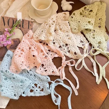 Fashion Knitted Headscarf Hat French Pastoral Style Triangle Headband Handmade Crochet Headband Towel Retro Flower Headscarf 1