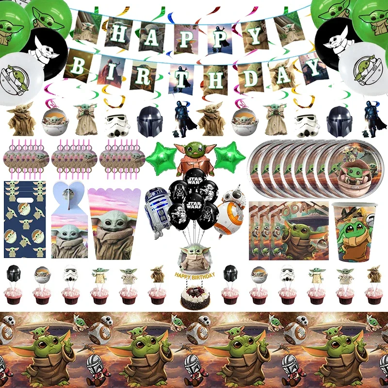 Yoda Birthday Party Decorations Paper Cup Plate Napkin Cake Topper Tablecloth Balloon Banner for Kids