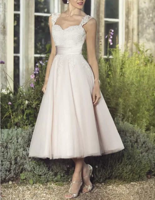 Vestidos de novia de encaje corto Vintage con faja, línea A, tul de los  años 50