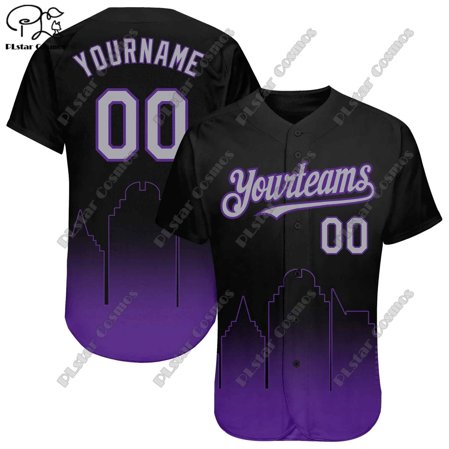 3D Printing Baseball Shirts Custom Name Black Purple Green Yellow City Silhouette Gradient Fade Fashion Baseball Shirts Unisex