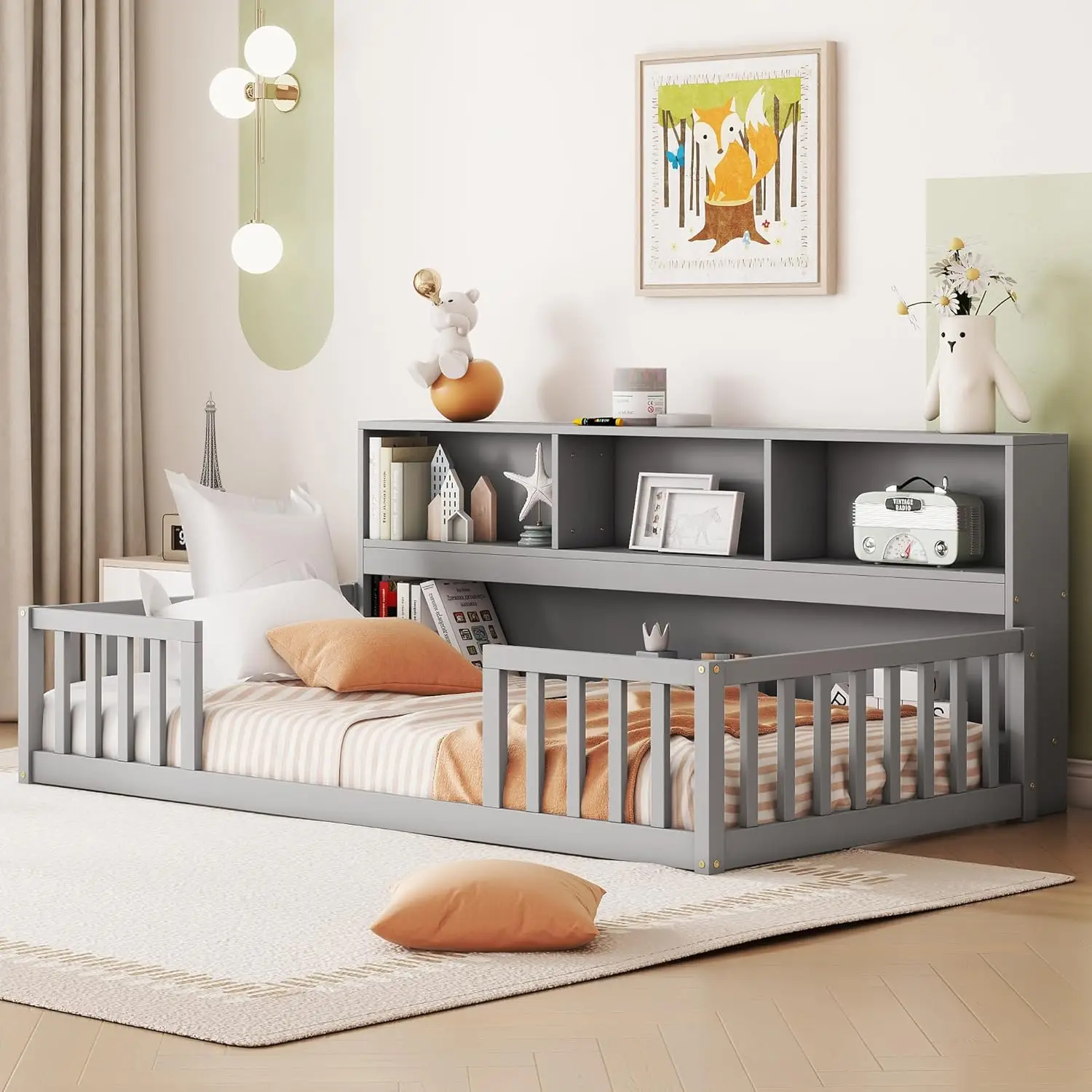Kids Montessori Floor Bed,Twin Size Floor Bed with Bookcase and Shelves,Twin Bed Frame 4