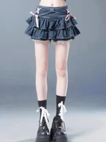 Blue Denim Pleated Skirt Bow Fold Design Women's A-line Short Skirt Built in Shorts American Spicy Girl Korean Fashion Hotsweet 1
