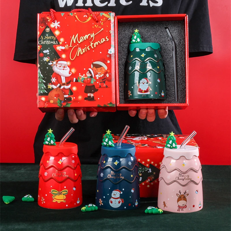 Ceramic Christmas Mug with Lid and Straw for Hot Beverages