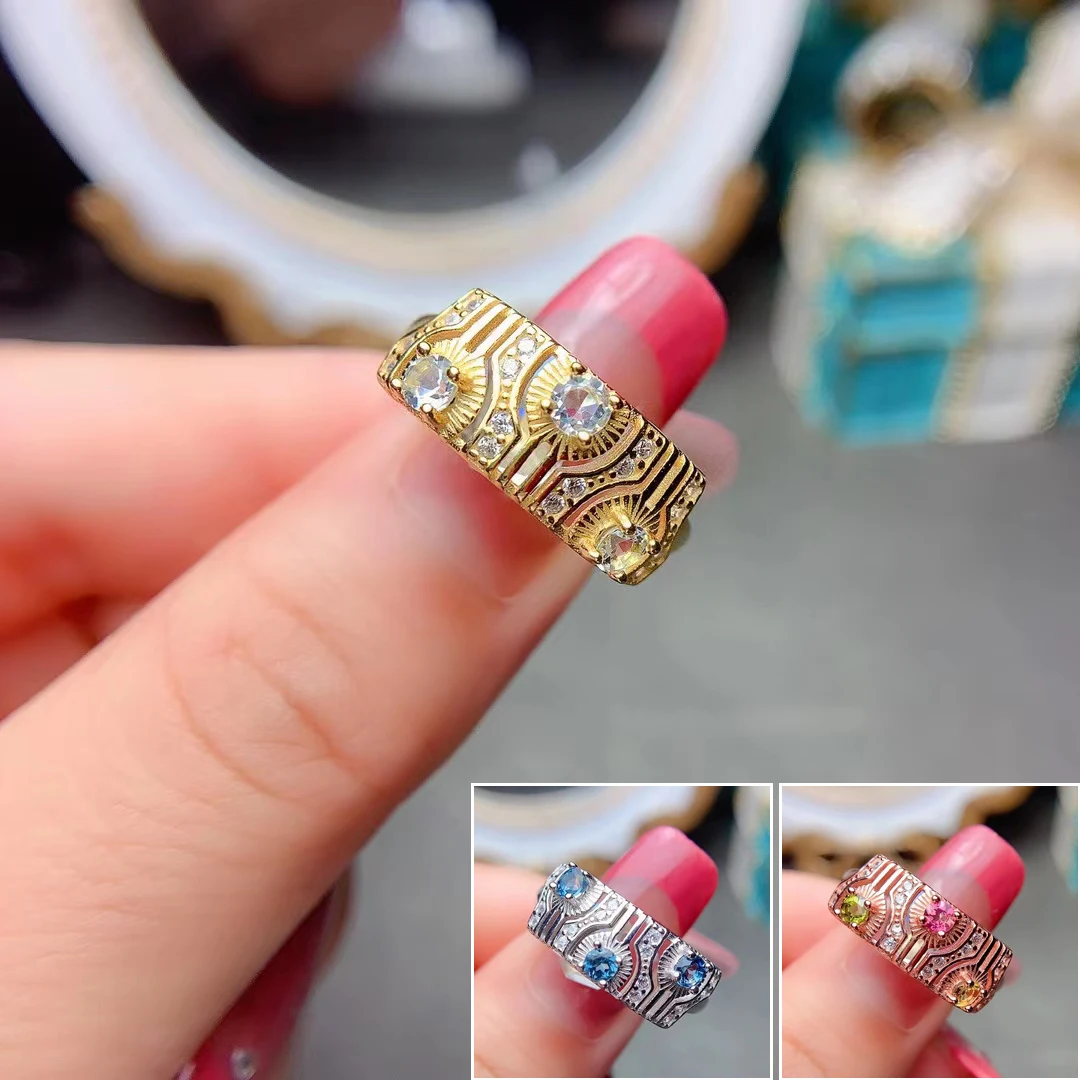 

MeiBaPJ 3mm Natural Moonstone/Topaz/Tourmaline Trendy Fashion Ring for Women Real 925 Sterling Silver Charm Fine Party Jewelry