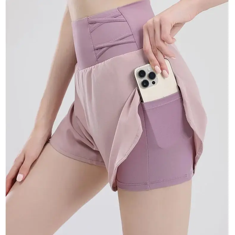 Sports Shorts Women Slim Quick Dry Running Fitness Fake Two Pieces Anti-Glare Breathable High Waist Yoga Pants Bottom Pants Gym