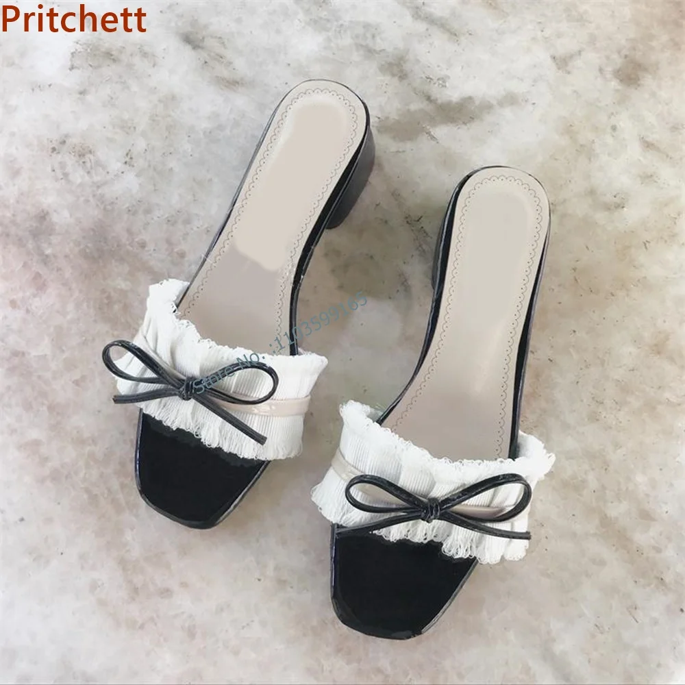Fringe Butterfly Knot Mixed Color Slippers Square Toe Chunky Heel Slingback Slip On Shoes Women Classic Shoes Women 2024