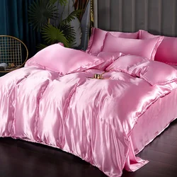 Luxury Solid Color Silk Satin Bedding Set - Duvet Cover, Bed Sheet & Pillowcase Collection - Full Size 4pcs (Pink)