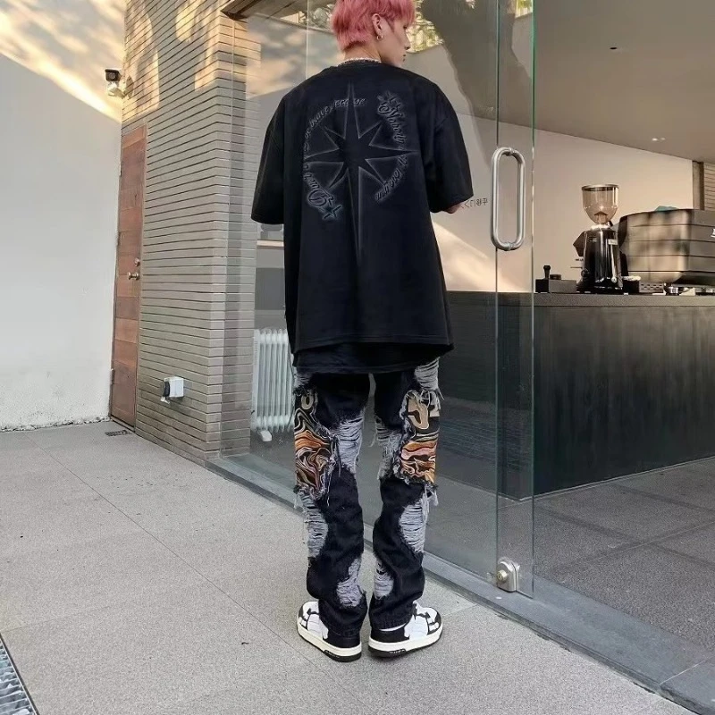 OIMG Y2K Streetwear Baggy Ripped Stacked Jeans Pants Men Straight Kanye Old Hip Hop Denim Trousers