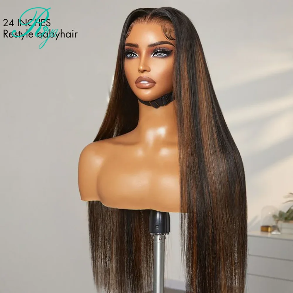 34 Inch Silk Straight Wig Per Cut Lace 4x4/7x5 Glueless Wig Highlight Brown Human Hair Hidden Strap 360 Glueless For Women