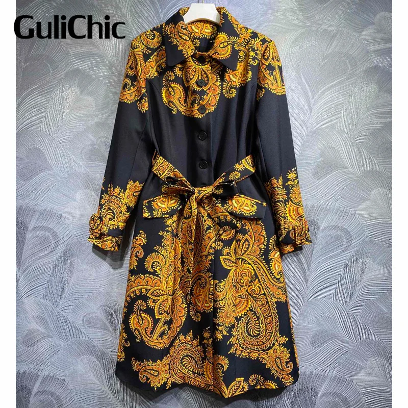

9.26 GuliChic Women Runway Fashion Vintage Print Lapel Collar Single Breasted Long Sleeve With Belt Trench Coat