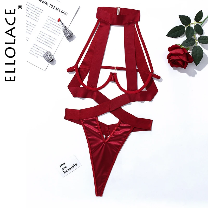 thumbnail image 1 of Ellolace-Body de lencería Sexy para mujer, ropa exótica ahuecada con cuello Halter, parte inferior negra porno, Body Sensual, 1 of 5