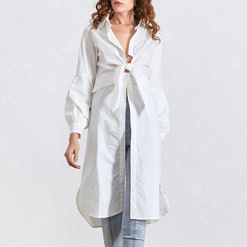 

SuperAen 2024 Summer New Women's White Lantern Sleeve Turn-down Collar Full Casual Shirt Dress