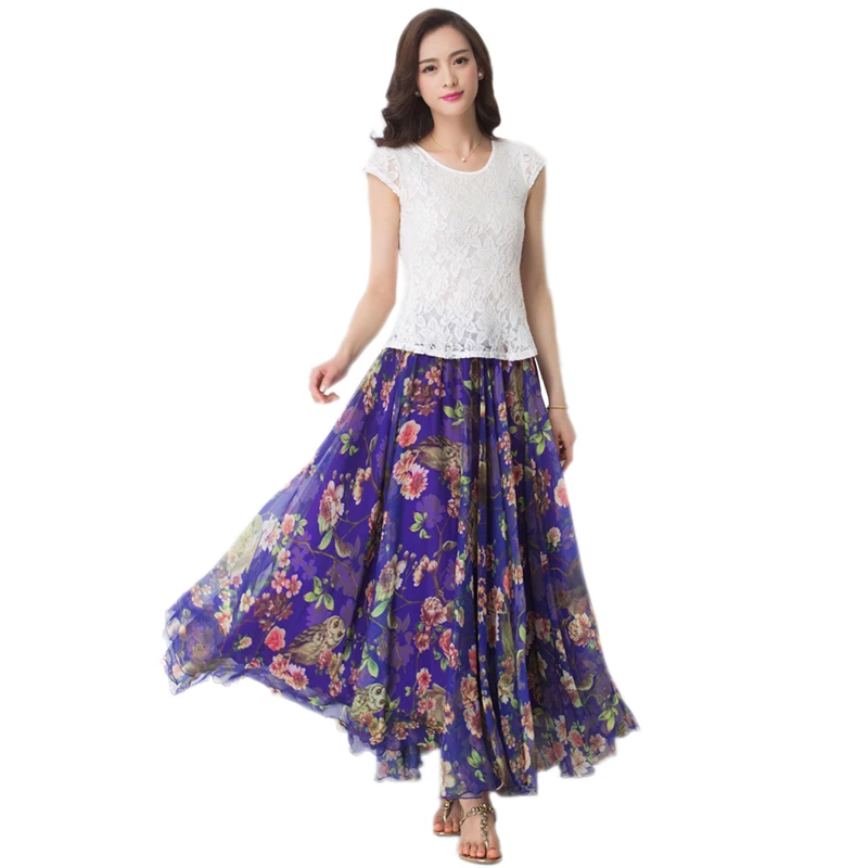 

Long Skirts For Women Fashion Chiffon Multi Floral Print Bohemia Maxi Skirt Holiday Beach Elegant Korean Elastic Waist Skirt 스커트