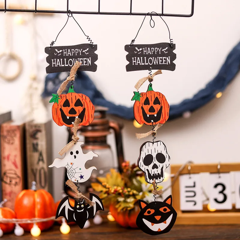 Halloween Wooden Decorations Pumpkin Bat Skeleton Ghost Pendant Hanging Ornament Wall Decor Horror Props Halloween Party Decor