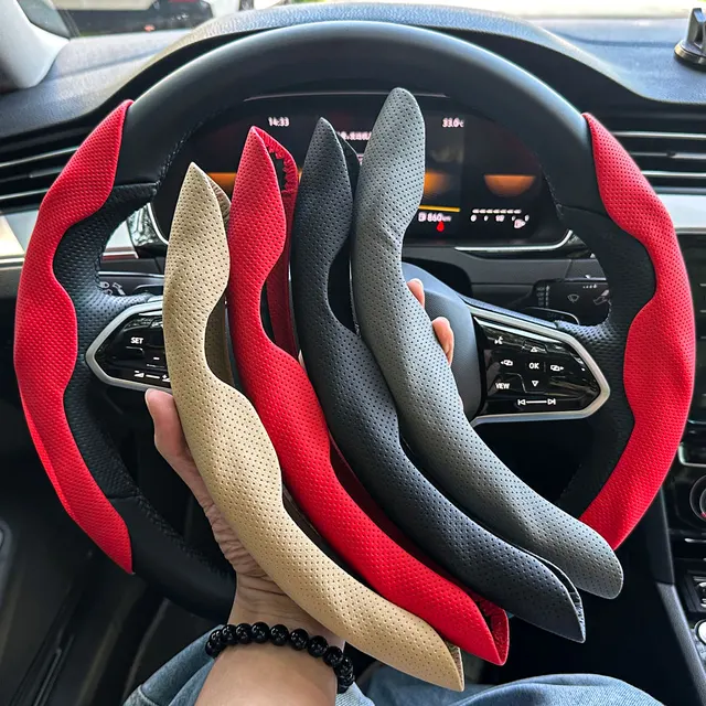 Universal D-shaped Round Car Steering Wheel Cover Ventilation hole Leather Absorb sweat Anti-slip Decoration Accessories 15inch 1