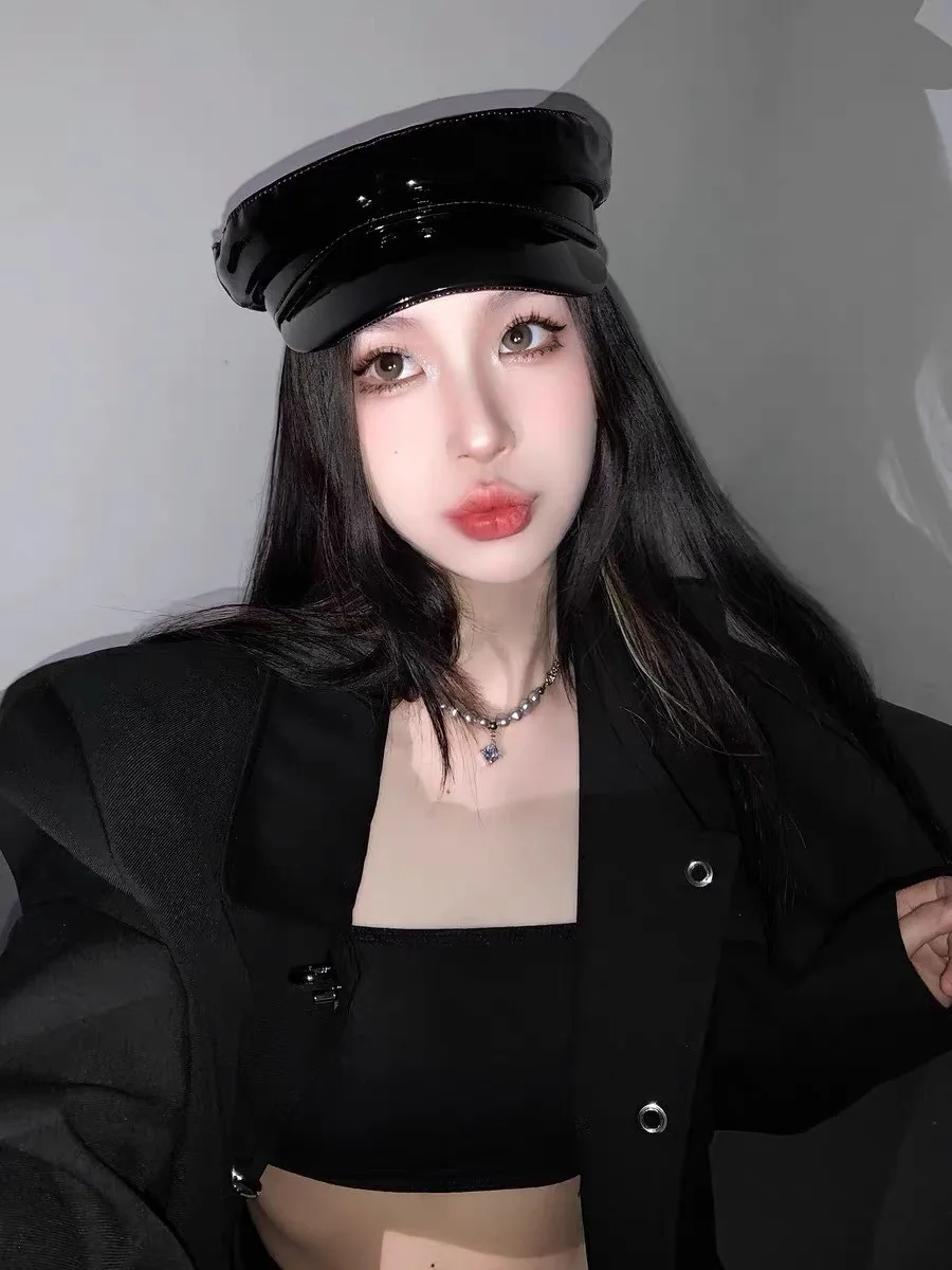Y2K Shibuya Hottie Glossy Patent Leather Military Style Cap