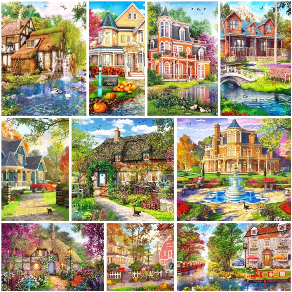 Cartoon House Landscape Paint By Number 20x30 Acrylic Paint Craft Kit