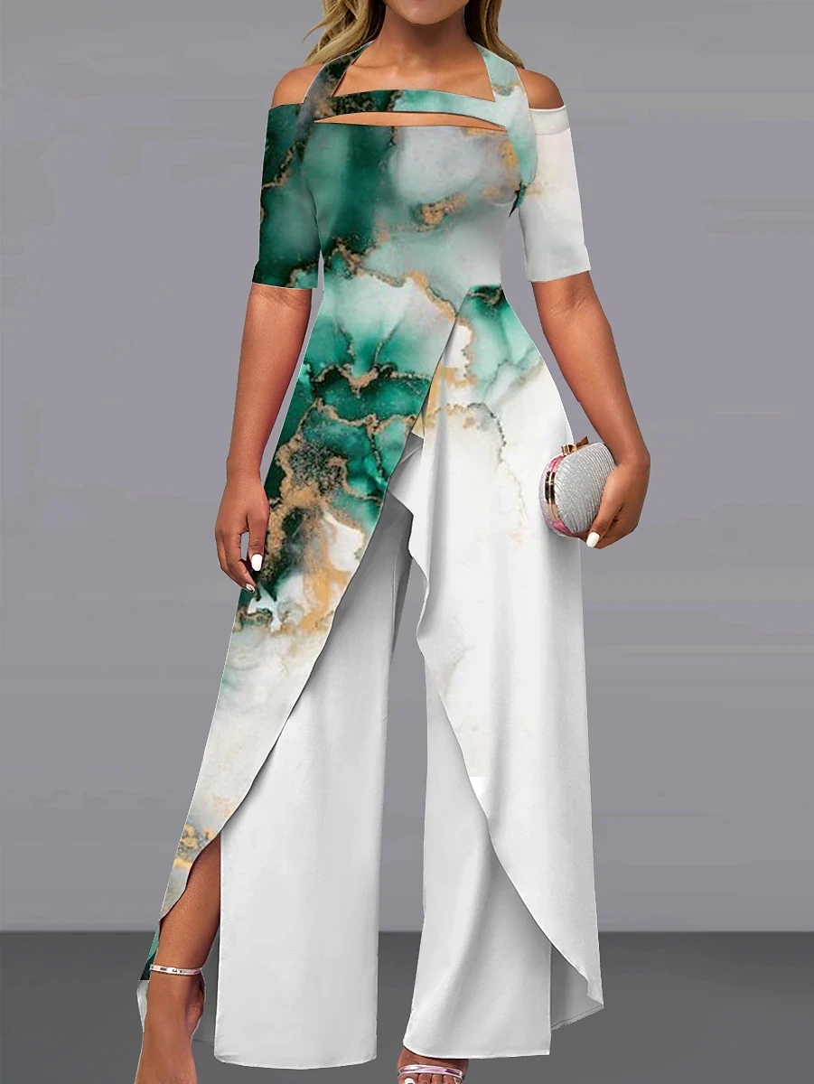 Female Elegant Wide Leg Party Fashion Office Lady Jumpsuit Casual Short Sleeve Print Romper Bodysuitposter girl Jumpsuits
