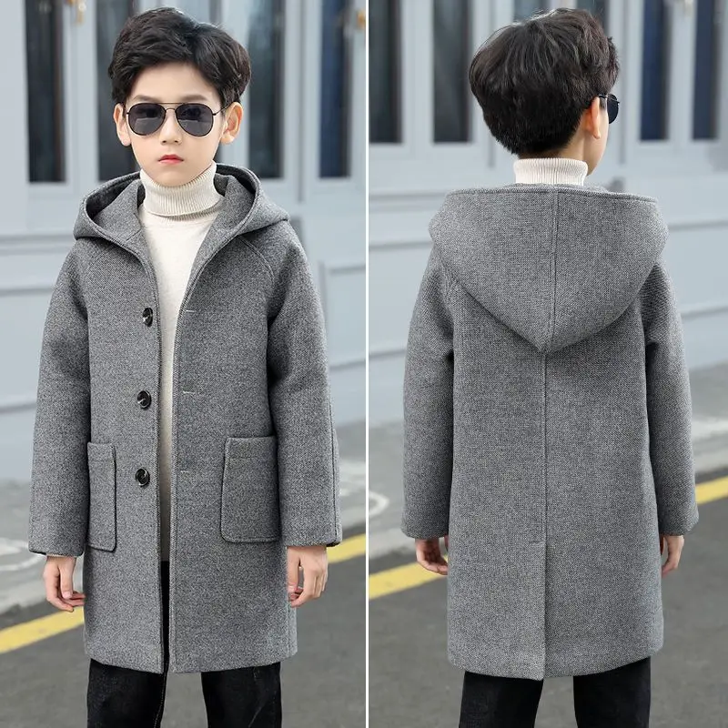 Boys School Hooded Jacket Boys' Woolen Coat Winter Cashmere Thickened Boys school hooded jacket