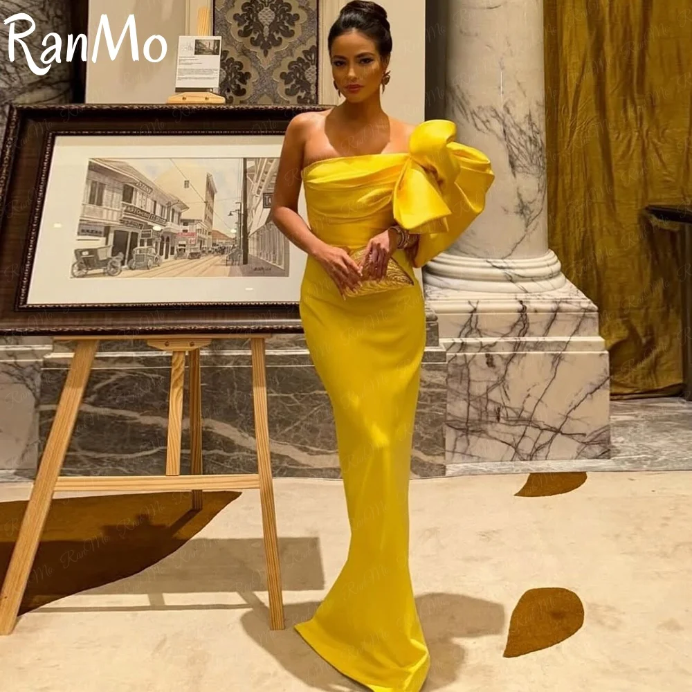 Ranmo 2025 Elegant Yellow Satin Evening Gowns Mermaid Strapless Robe Big Bow Floor Length Pleated Party Prom Dress Customized