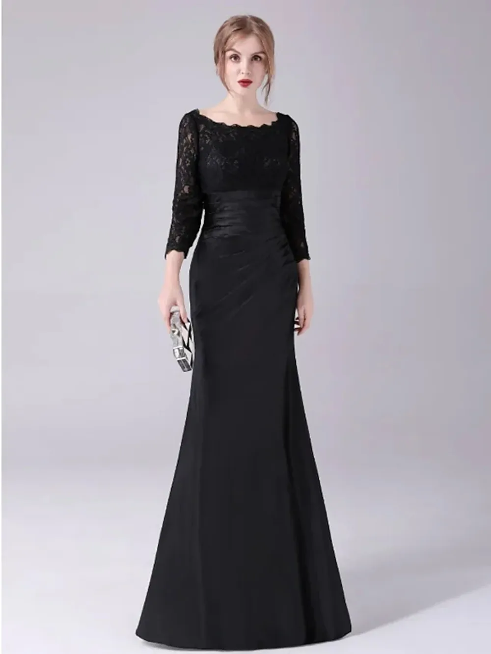 

Mermaid Trumpet Mother of the Bride Dress Plus Size Elegant Black Stretch Satin 3/4 Length Sleeve with Lace Ruching 2022 Vestido