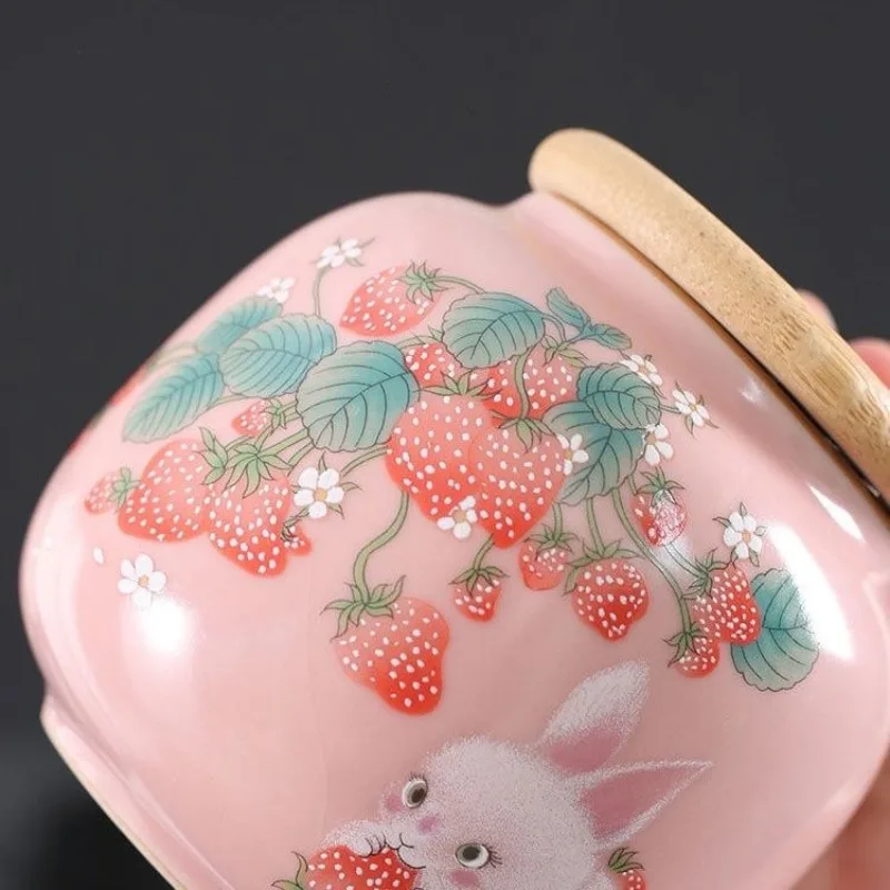 Creative Cute Strawberry Bunny Ceramic Storage Jar Portable Sealed Tea Jar Delicate Cartoon Bunny Storage Container Home Decor