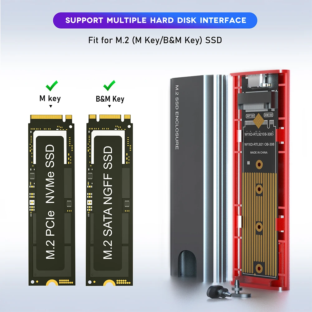 M2 SSD 케이스 M.2 NGFF NVMe SATA SSD 케이스 인클로저 어댑터 듀얼 프로토콜 10Gbps USB 3.1 Gen2 (NVMe SSD 2230 2242 2260 2280 호환)