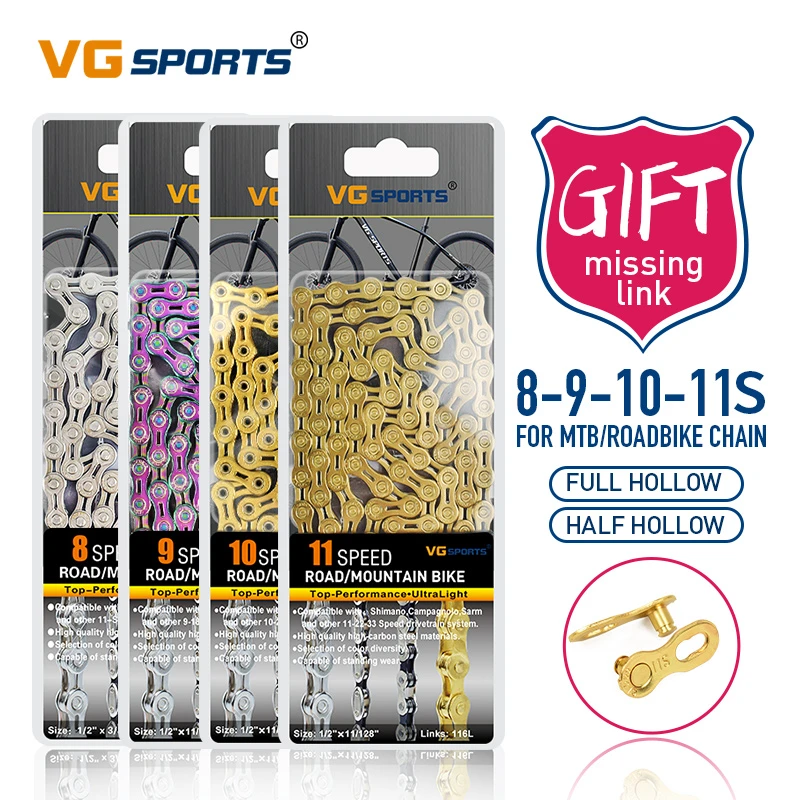 VG Sports MTB Bicycle Chain 8/9/10/11 Speed 116L Mountain Road Bike Hollow Chain 